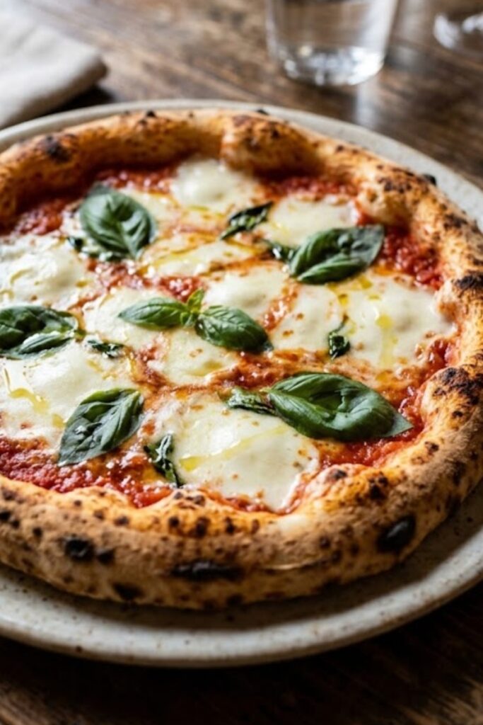 Authentic Neapolitan Margherita Pizza with tomato sauce, fresh mozzarella, basil, and a blistered golden crust.