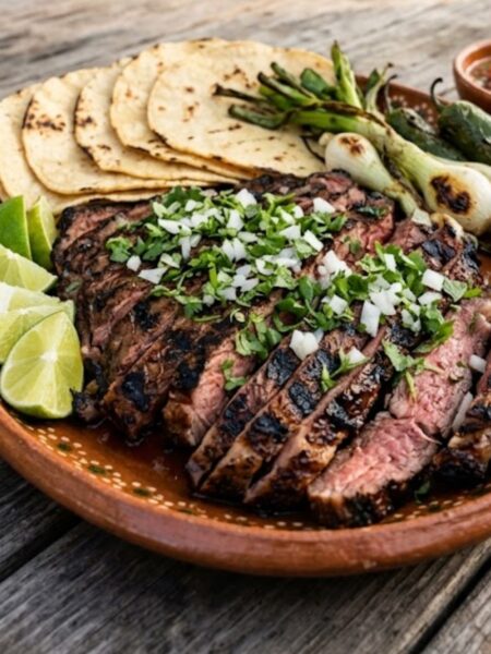 Juicy Mexican Carne Asada grilled steak sliced and served with lime, fresh cilantro, onions, salsa, and warm corn tortillas.