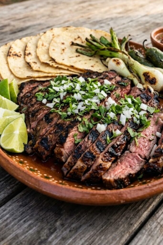 Juicy Mexican Carne Asada grilled steak sliced and served with lime, fresh cilantro, onions, salsa, and warm corn tortillas.
