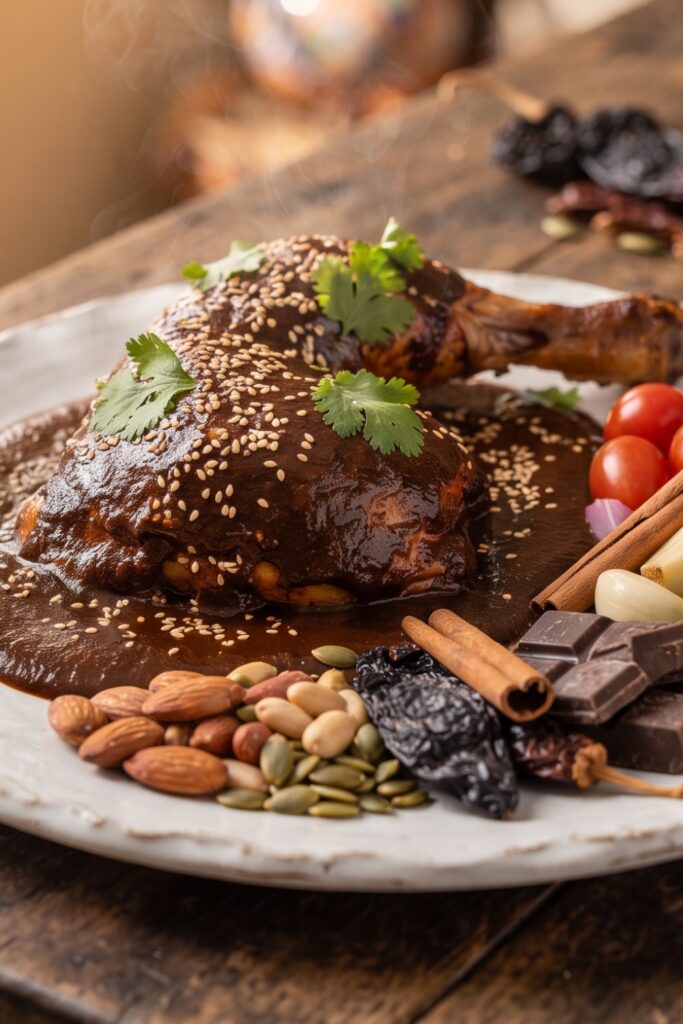 Traditional Mexican Mole Poblano served over tender chicken with rich chocolate chile sauce and toasted sesame seeds.