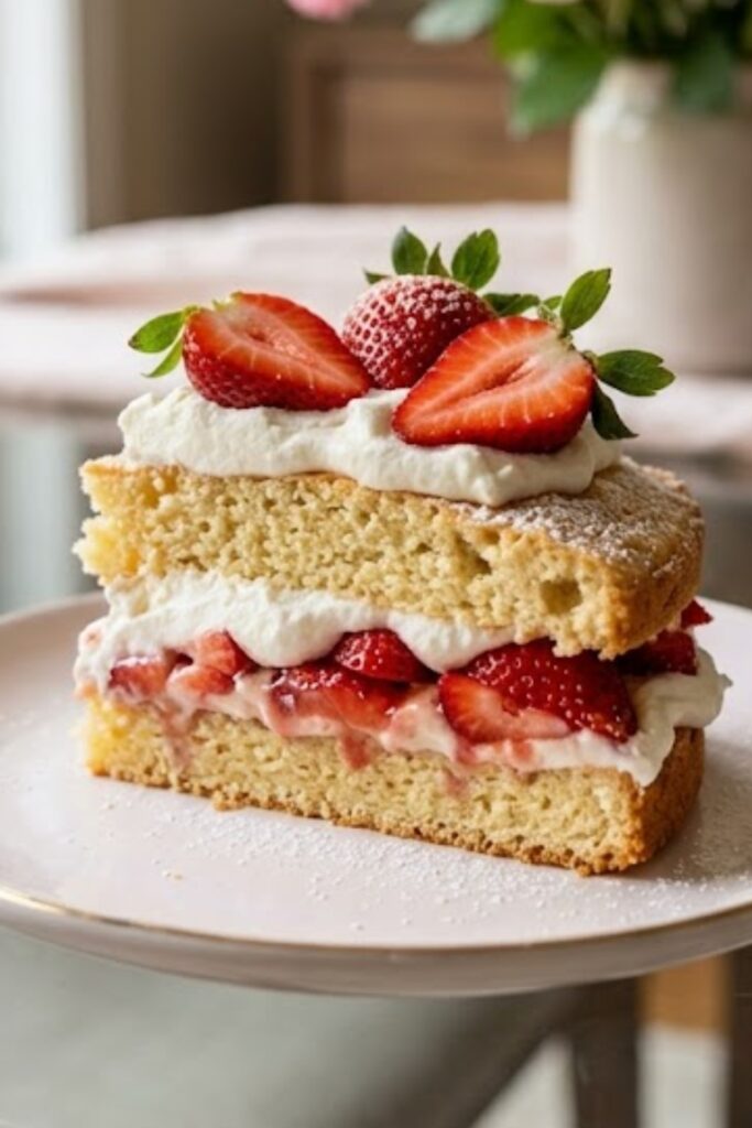 Mother's Day strawberry shortcake layered with fresh strawberries and whipped cream on homemade golden shortcakes.