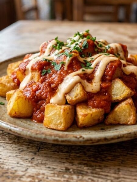 Authentic Spanish Patatas Bravas with crispy golden potatoes, smoky tomato bravas sauce, and creamy garlic aioli.
