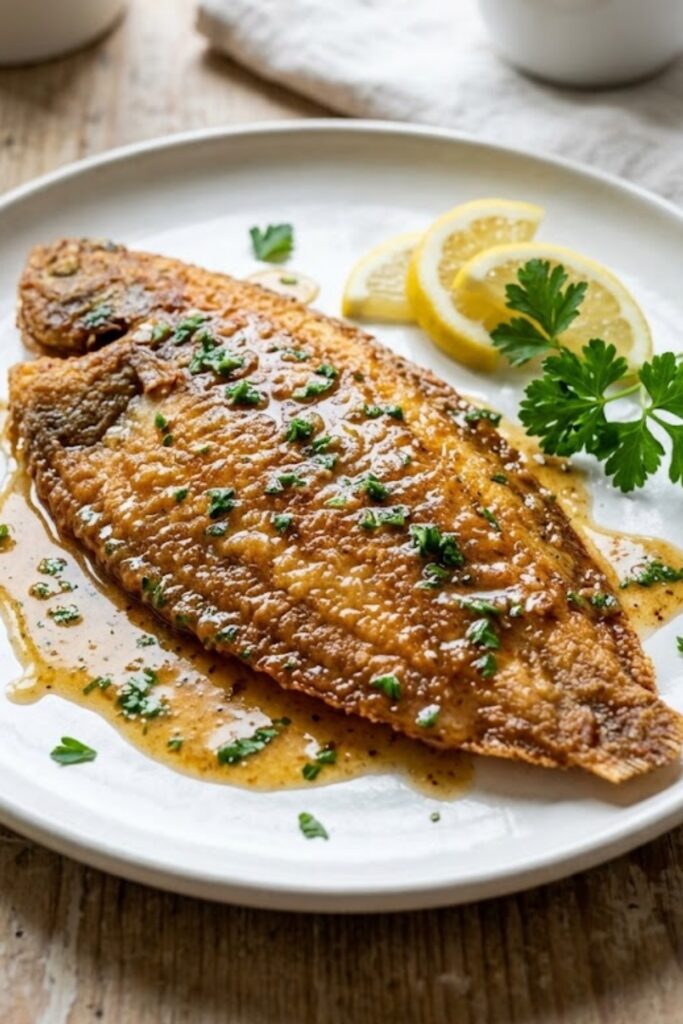 Authentic French Sole Meunière with golden pan-fried sole, browned butter, lemon, and fresh parsley.