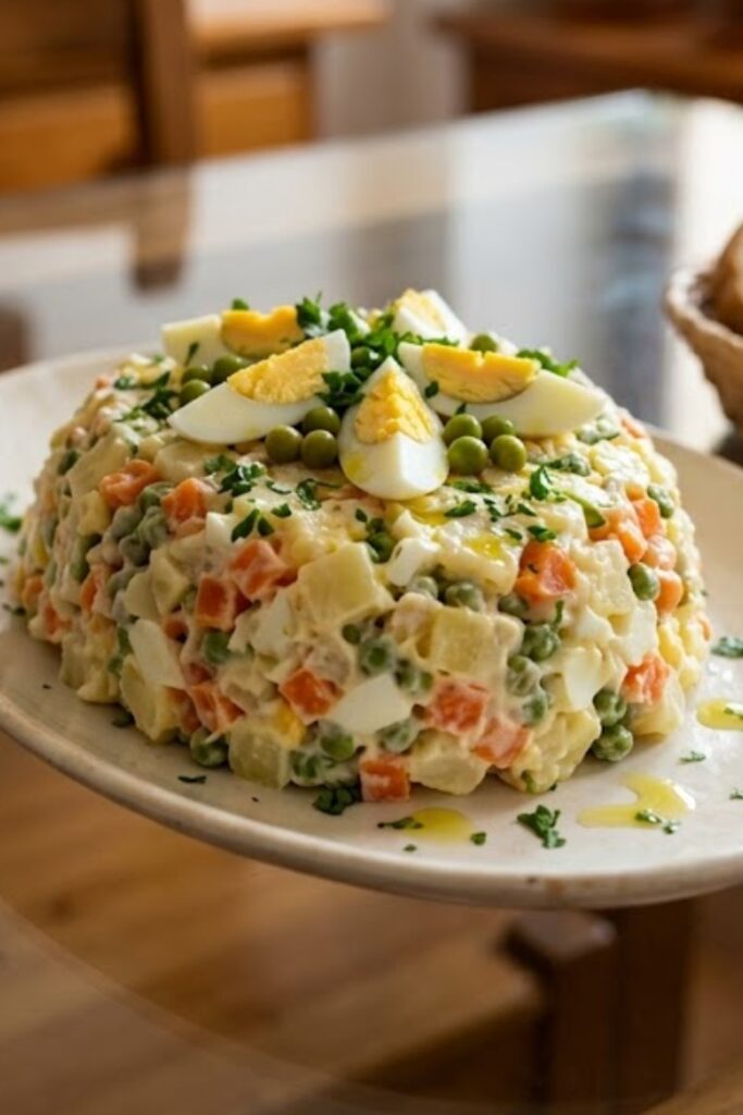 Authentic Spanish Ensalada Mixta with crisp lettuce, tomatoes, tuna, hard-boiled eggs, olives, cucumber, and red onion.