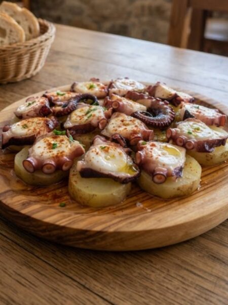 Authentic Spanish Pulpo a la Gallega with tender octopus, boiled potatoes, Spanish paprika, olive oil, and coarse sea salt.