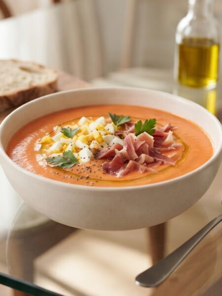 Authentic Spanish Salmorejo served chilled with chopped hard-boiled egg, Jamón Serrano, and extra virgin olive oil.