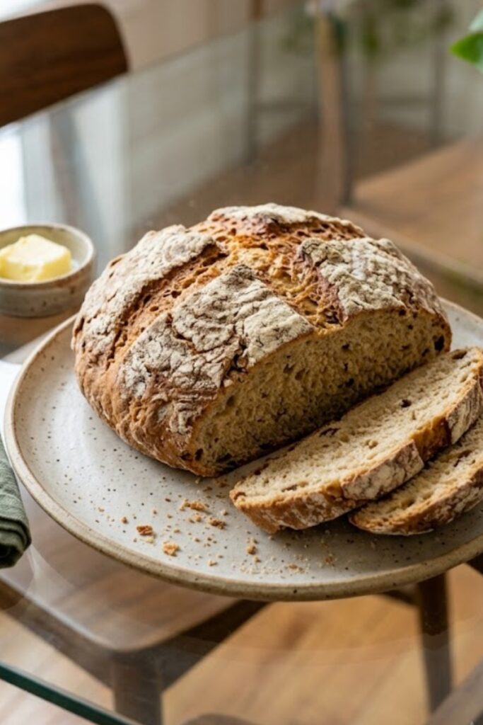 Traditional St. Patrick’s Day Irish soda bread with a golden crust, rustic cross, and soft tender center.