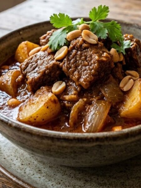 Authentic Thai Beef Massaman Curry with tender beef, potatoes, peanuts, and rich coconut curry sauce.
