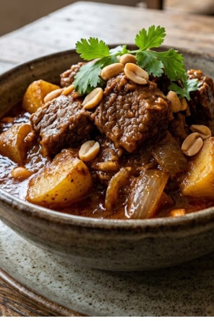 Authentic Thai Beef Massaman Curry with tender beef, potatoes, peanuts, and rich coconut curry sauce.