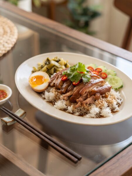 Authentic Thai Khao Kha Moo featuring tender braised pork leg served over jasmine rice with eggs and pickled mustard greens.