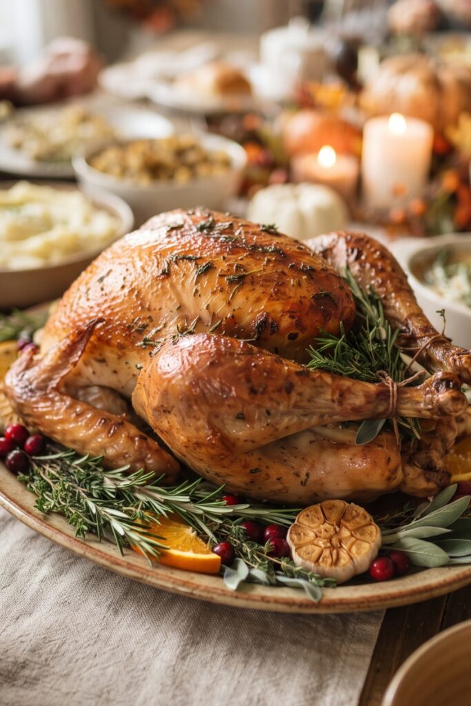 Golden herb-roasted Thanksgiving turkey served on a platter with crispy skin and fresh herbs.
