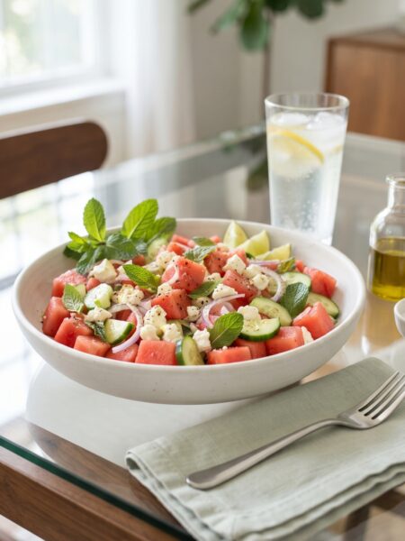 Fresh watermelon feta salad with cucumber, mint, red onion, and creamy feta cheese served as a refreshing summer side dish.