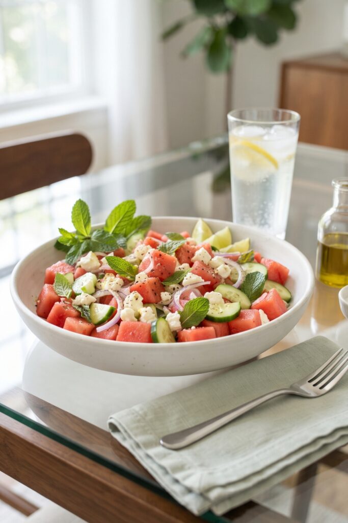 Fresh watermelon feta salad with cucumber, mint, red onion, and creamy feta cheese served as a refreshing summer side dish.