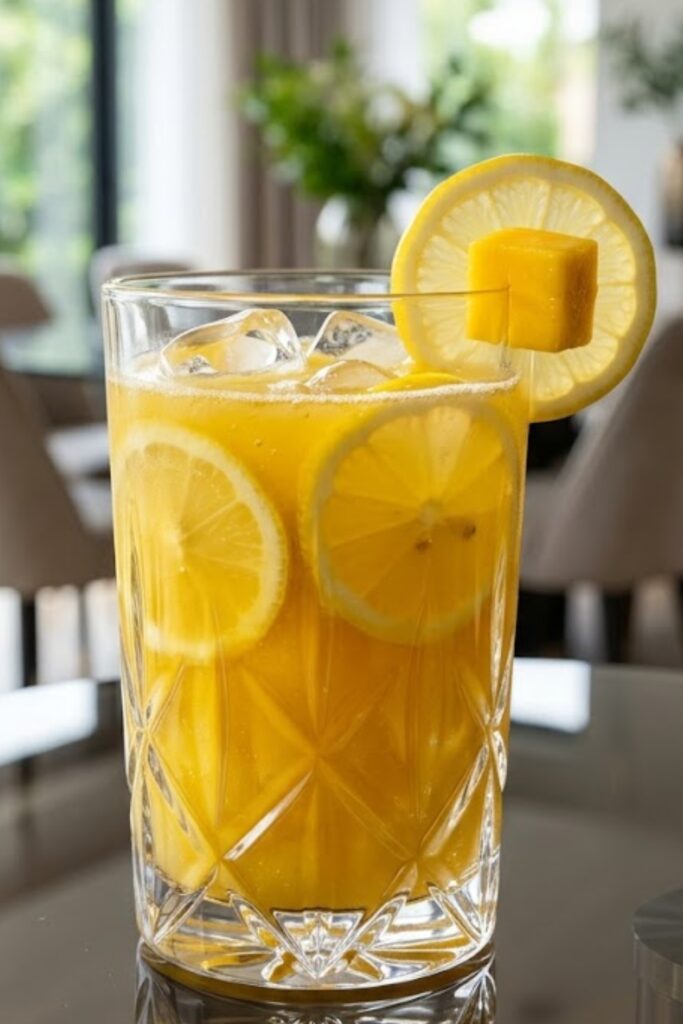 Fresh mango lemonade made with ripe mangoes, lemon juice, and ice served in a clear glass