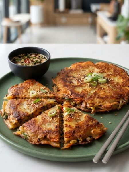 Authentic Korean Bindaetteok mung bean pancakes with kimchi, pork, bean sprouts, and green onions cooked until golden and crispy.