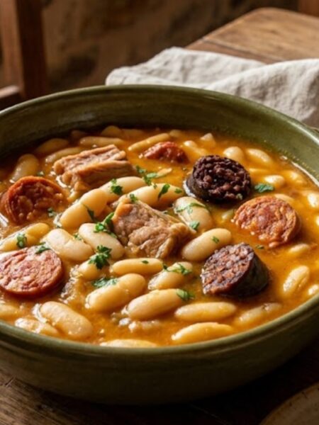 Authentic Spanish Fabada Asturiana with creamy white beans, chorizo, morcilla, and tender pork served in a rustic bowl.