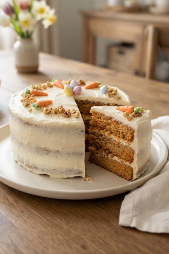 Easter carrot cake with cream cheese frosting, chopped walnuts, and festive spring decorations.