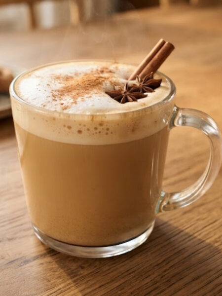 Warm fall cinnamon chai latte made with black tea, creamy milk, cinnamon, ginger, cardamom, and cloves.