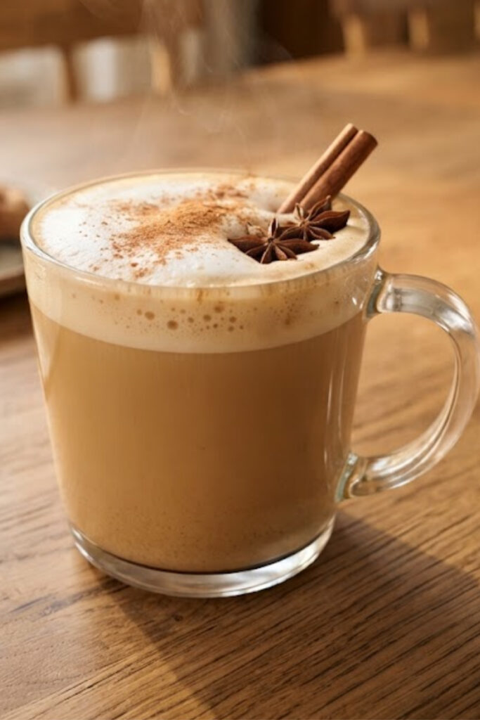 Warm fall cinnamon chai latte made with black tea, creamy milk, cinnamon, ginger, cardamom, and cloves.