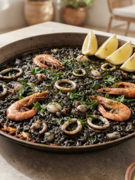 Authentic Spanish Arroz Negro black rice with tender squid, shrimp, lemon wedges, and creamy garlic aioli.