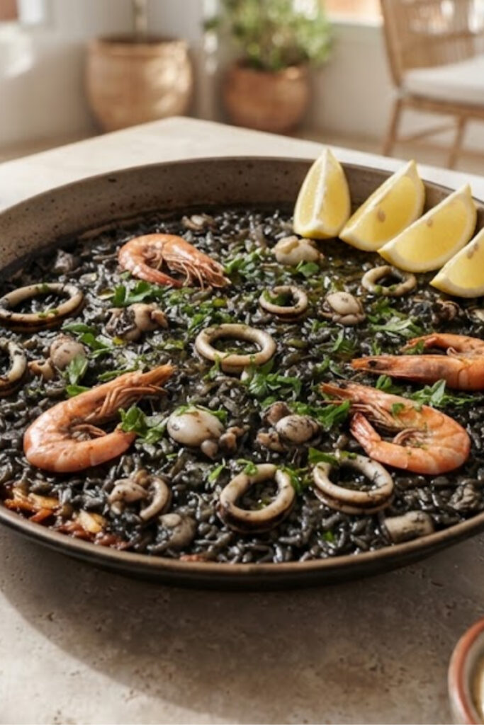 Authentic Spanish Arroz Negro black rice with tender squid, shrimp, lemon wedges, and creamy garlic aioli.