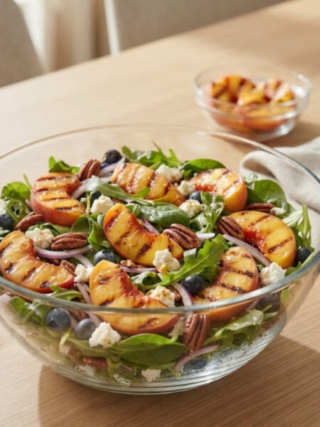 Fresh summer grilled peach salad with mixed greens, goat cheese, pecans, and honey balsamic dressing.