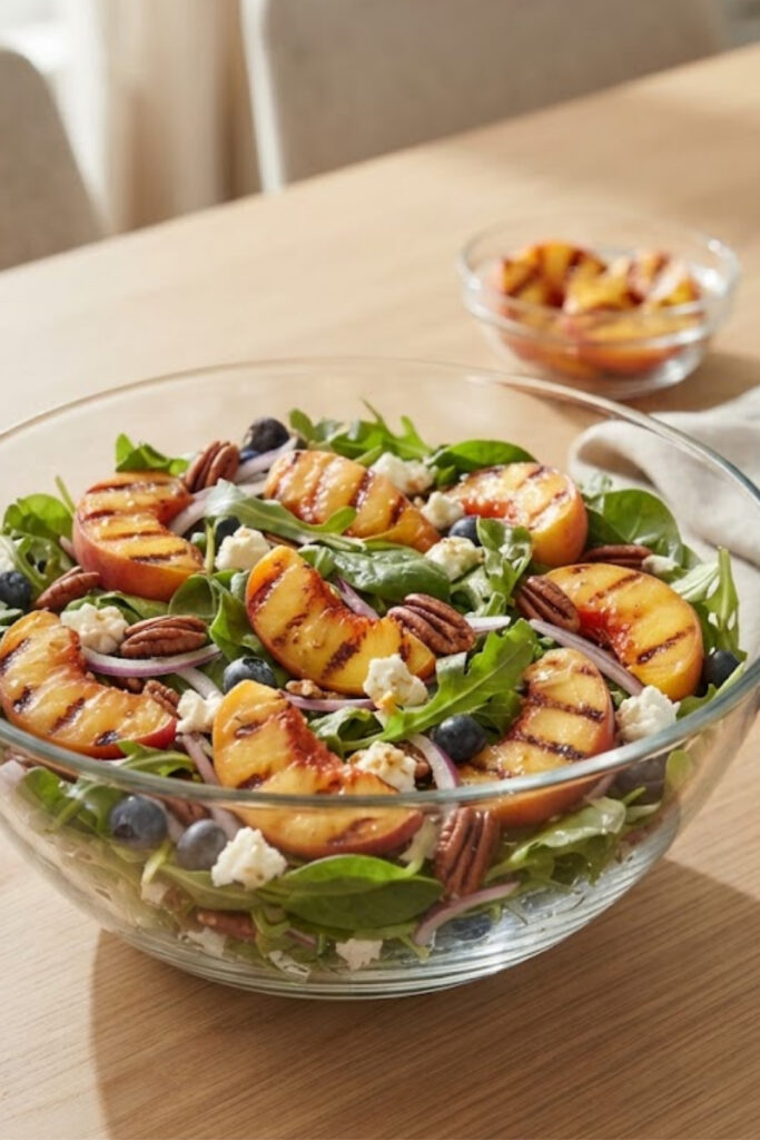 Fresh summer grilled peach salad with mixed greens, goat cheese, pecans, and honey balsamic dressing.