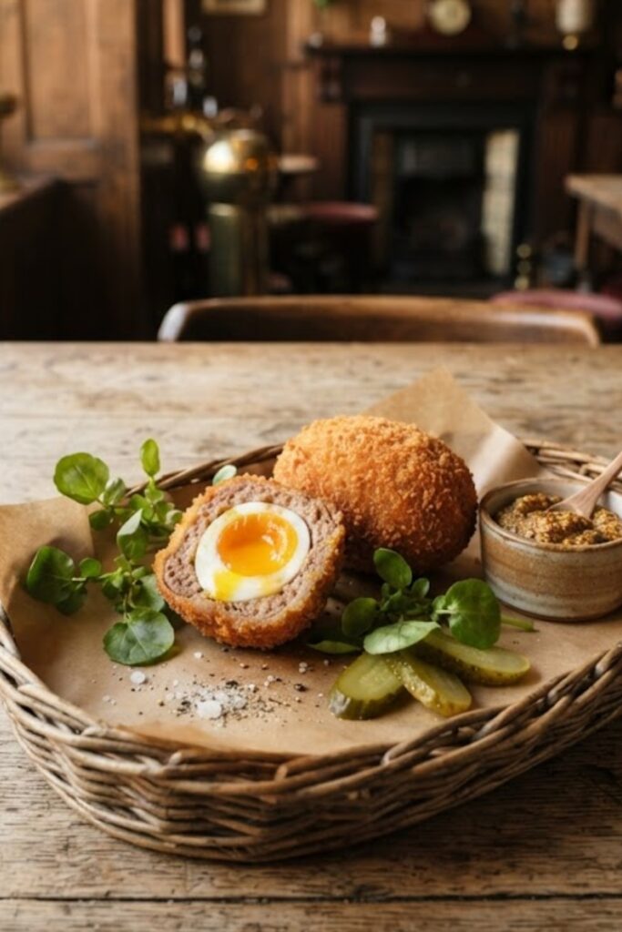 Classic British Scotch Eggs with crispy golden breadcrumbs and seasoned sausage surrounding a tender egg centre