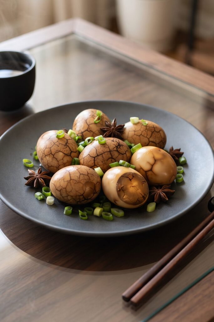 Traditional Chinese Tea Eggs with beautiful marbled shells, infused with black tea, soy sauce, star anise, and aromatic spices.