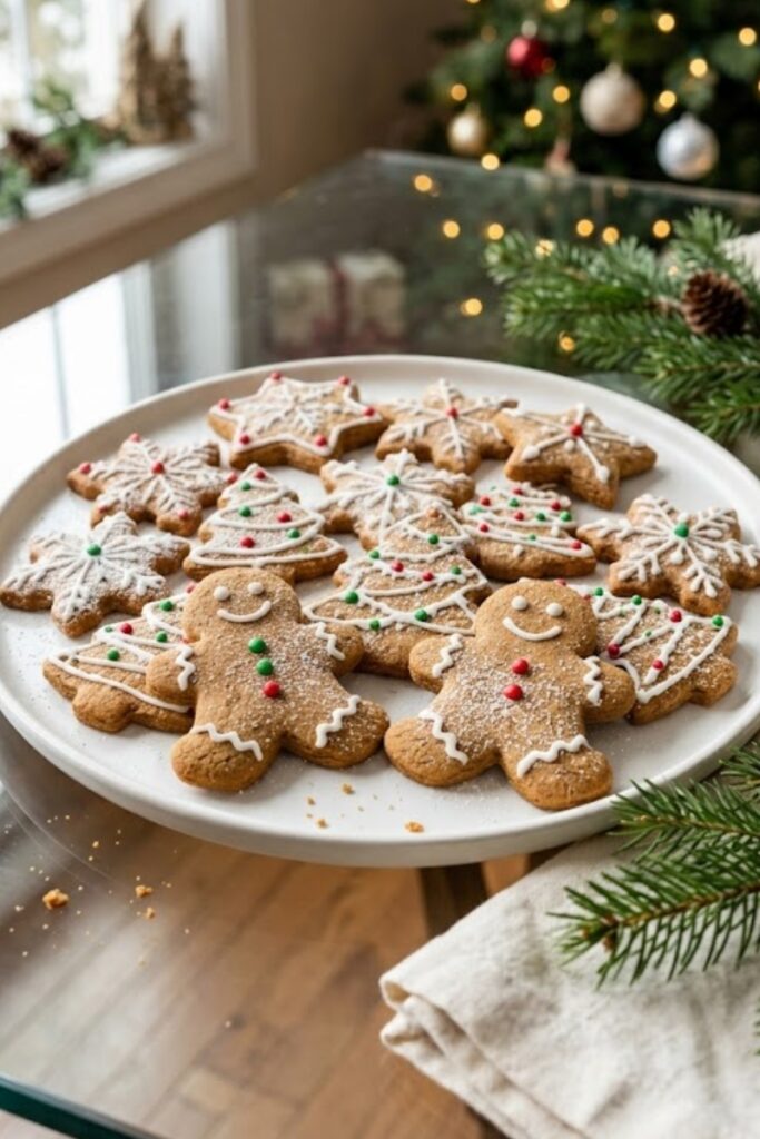 Christmas gingerbread cookies decorated with royal icing in festive holiday shapes.