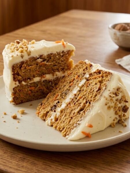 Moist homemade carrot cake layered with creamy cream cheese frosting and chopped walnuts