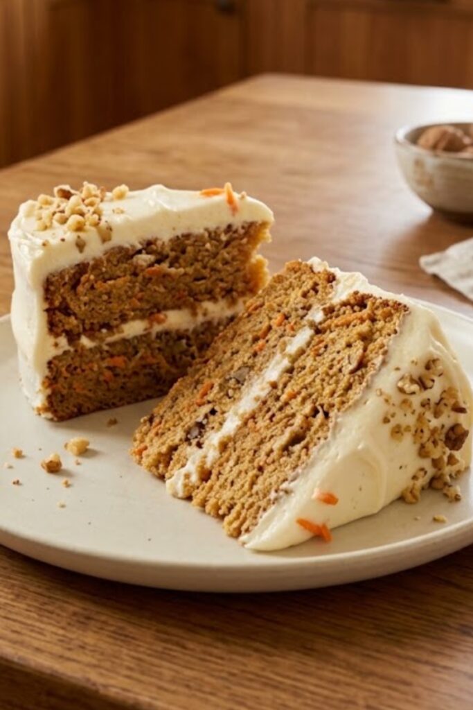 Moist homemade carrot cake layered with creamy cream cheese frosting and chopped walnuts