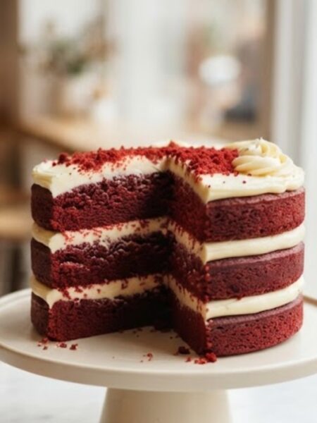 Classic American red velvet cake with creamy cream cheese frosting and soft red cake layers