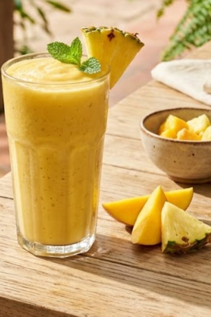 Creamy mango pineapple smoothie made with fresh tropical fruit and yogurt served in a clear glass
