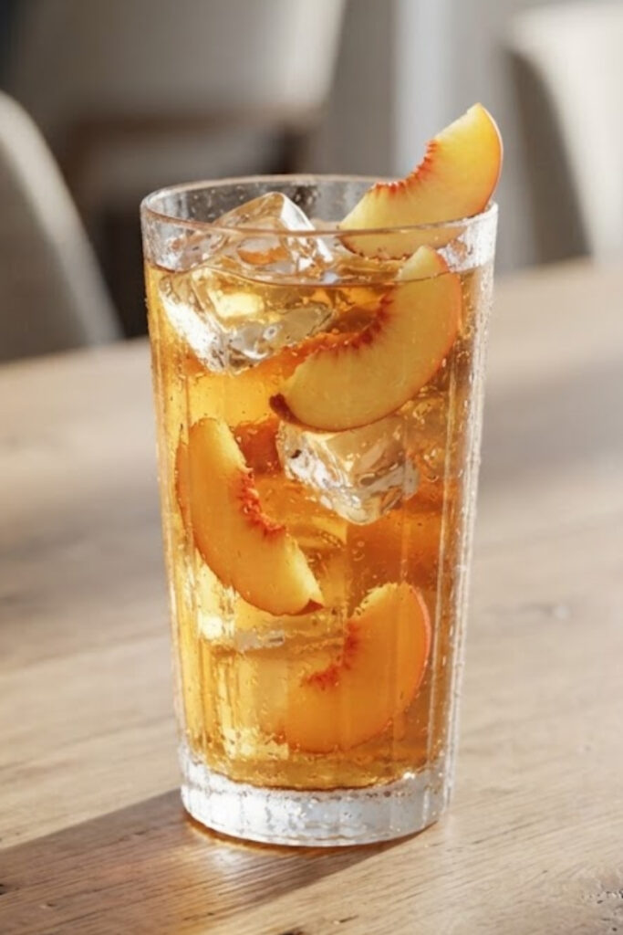 Homemade peach iced tea with fresh peach slices and ice served in a clear glass