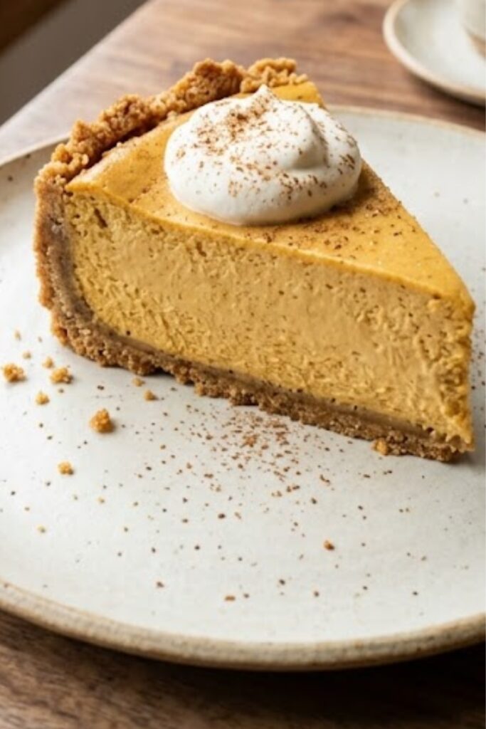 Creamy fall pumpkin cheesecake with warm spices and a buttery graham cracker crust topped with whipped cream.