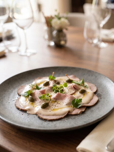 Authentic Italian Vitello Tonnato with thinly sliced chilled veal covered in creamy tuna-caper sauce and garnished with capers.