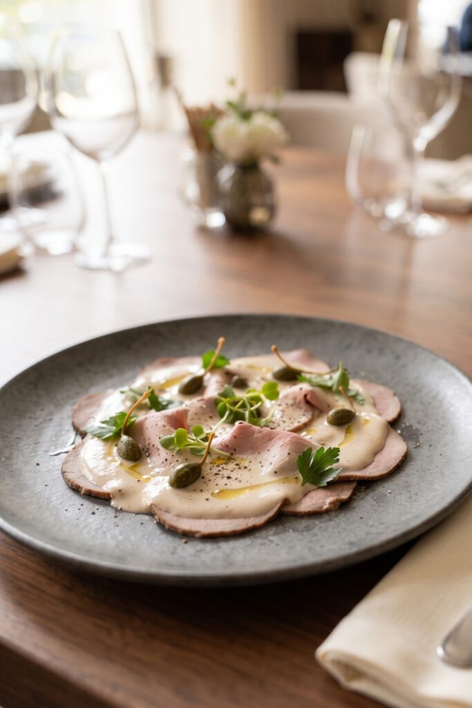Authentic Italian Vitello Tonnato with thinly sliced chilled veal covered in creamy tuna-caper sauce and garnished with capers.