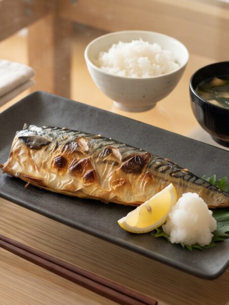 Authentic Japanese Saba Shioyaki featuring crispy salt-grilled mackerel served with grated daikon and fresh lemon wedges.