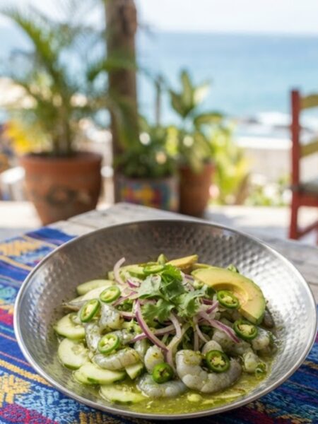 Mexican Aguachile with fresh shrimp, cucumber, red onion, cilantro, serrano peppers, lime, and avocado served with crispy tostadas.