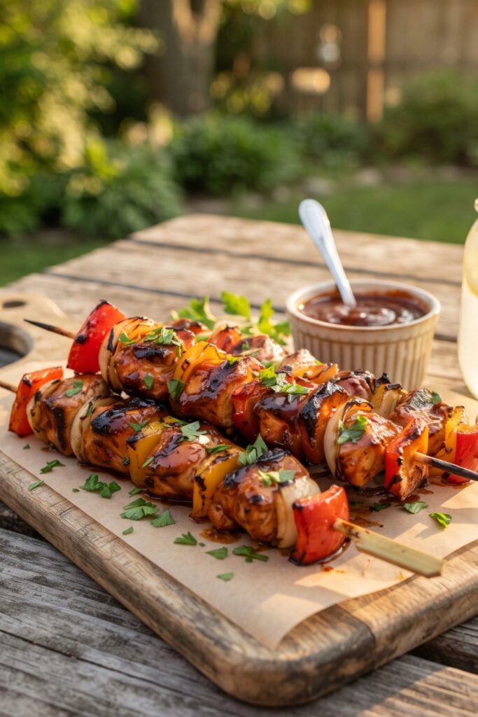 Summer grilled BBQ chicken skewers with colorful bell peppers, red onion, and smoky BBQ glaze.