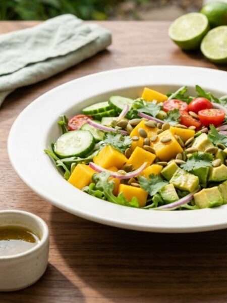 Fresh summer mango avocado salad with cucumber, cherry tomatoes, red onion, cilantro, and lime dressing.