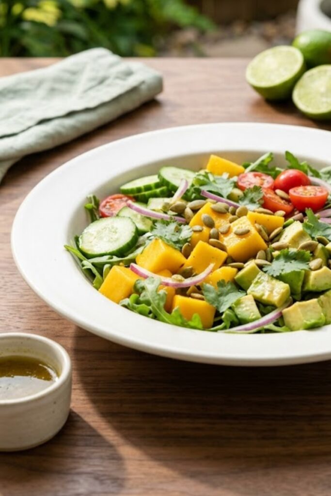 Fresh summer mango avocado salad with cucumber, cherry tomatoes, red onion, cilantro, and lime dressing.