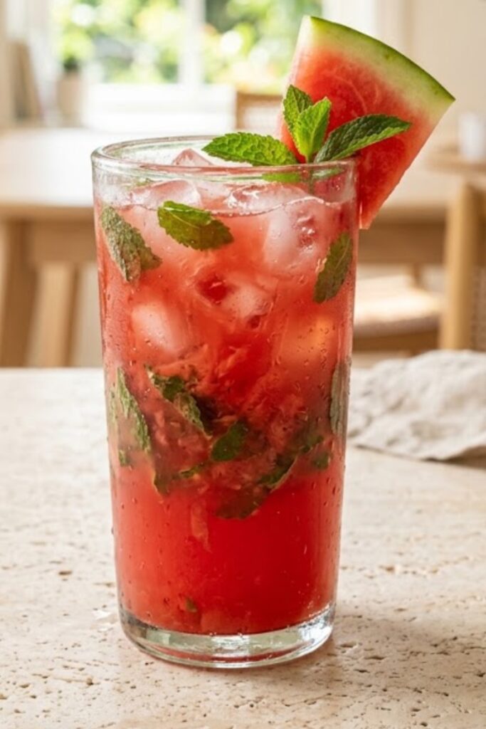 Refreshing summer watermelon mint cooler served over ice with fresh mint and lime.