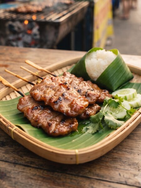 Authentic Thai Moo Ping grilled pork skewers with caramelized edges served with sticky rice and fresh cucumber.