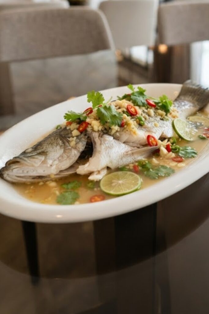 Authentic Thai Pla Kapong Neung Manao featuring steamed sea bass topped with fresh lime, garlic, and chili sauce.
