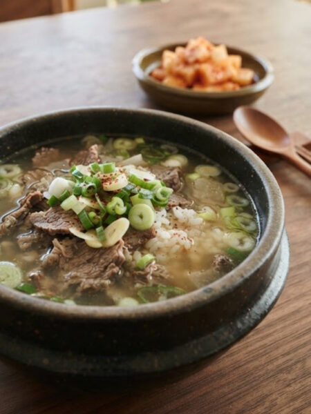Authentic Korean Gukbap with tender beef, napa cabbage, bean sprouts, green onions, savory broth, and steamed rice.