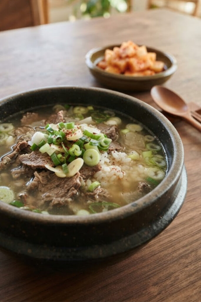 Authentic Korean Gukbap with tender beef, napa cabbage, bean sprouts, green onions, savory broth, and steamed rice.