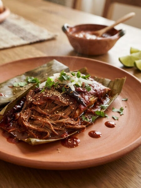 Traditional Mexican Mixiotes with tender adobo-marinated meat wrapped in agave leaves and served with warm tortillas, onion, cilantro, and lime.