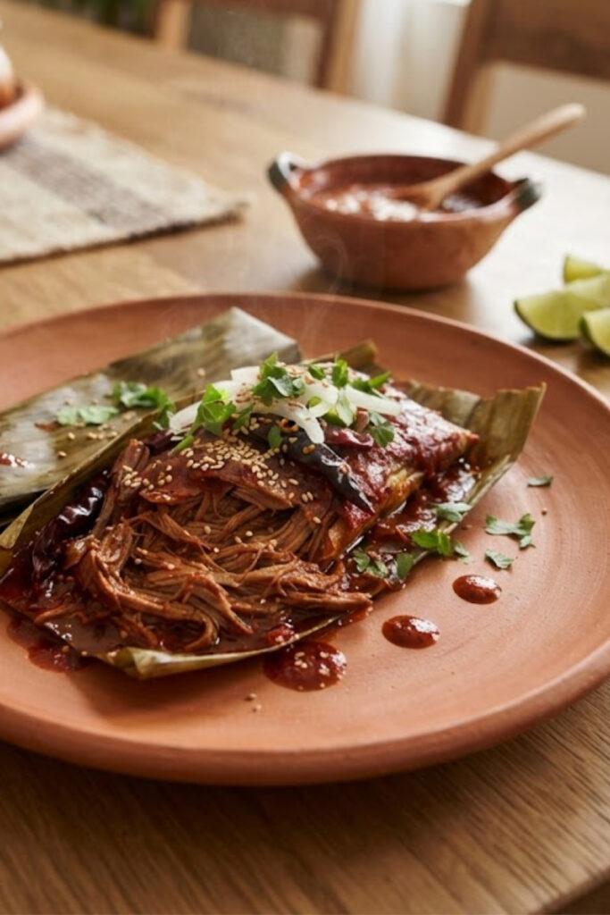 Traditional Mexican Mixiotes with tender adobo-marinated meat wrapped in agave leaves and served with warm tortillas, onion, cilantro, and lime.